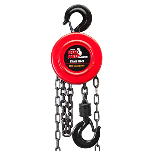 BIG RED Hand Chain Hoist 1 Ton 2000 Lbs Capacity 8ft/2.5m Torin Manual Chain Fall with 2 Heavy Duty Hooks, for Warehouse Automotive Machinery, Red, TR9010