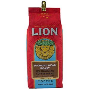 lion coffee, diamond head roast, 10% hawaiian blend, ground, 10 ounce bag