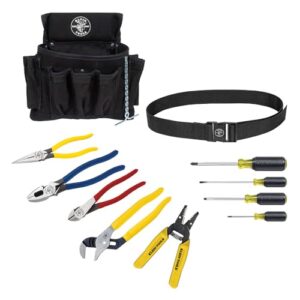 klein tools 92911 tool kit, apprentice tool set with 4 pliers, wire stripper and cutter, 4 screwdrivers, tool belt and tool pouch, 11-piece