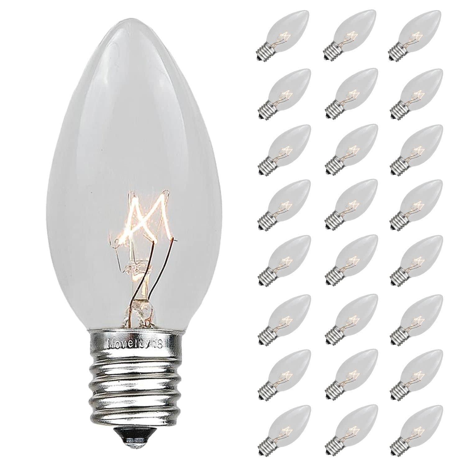 Novelty Lights Incandescent Christmas Replacement Bulbs - Indoor/Outdoor Individual Bulbs for Christmas Tree, Display, & More - C9/E17 Intermediate Base, 7 Watt Lights (Clear, 25 Pack)