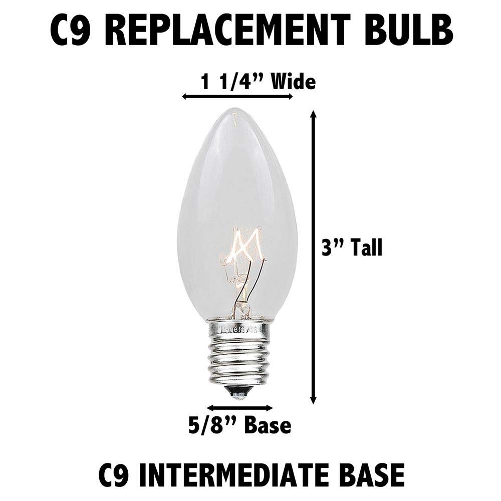 Novelty Lights 25 Pack C9 Ceramic Outdoor Christmas Replacement Bulbs, Multi, E17/C9 Intermediate Base, 7 Watt