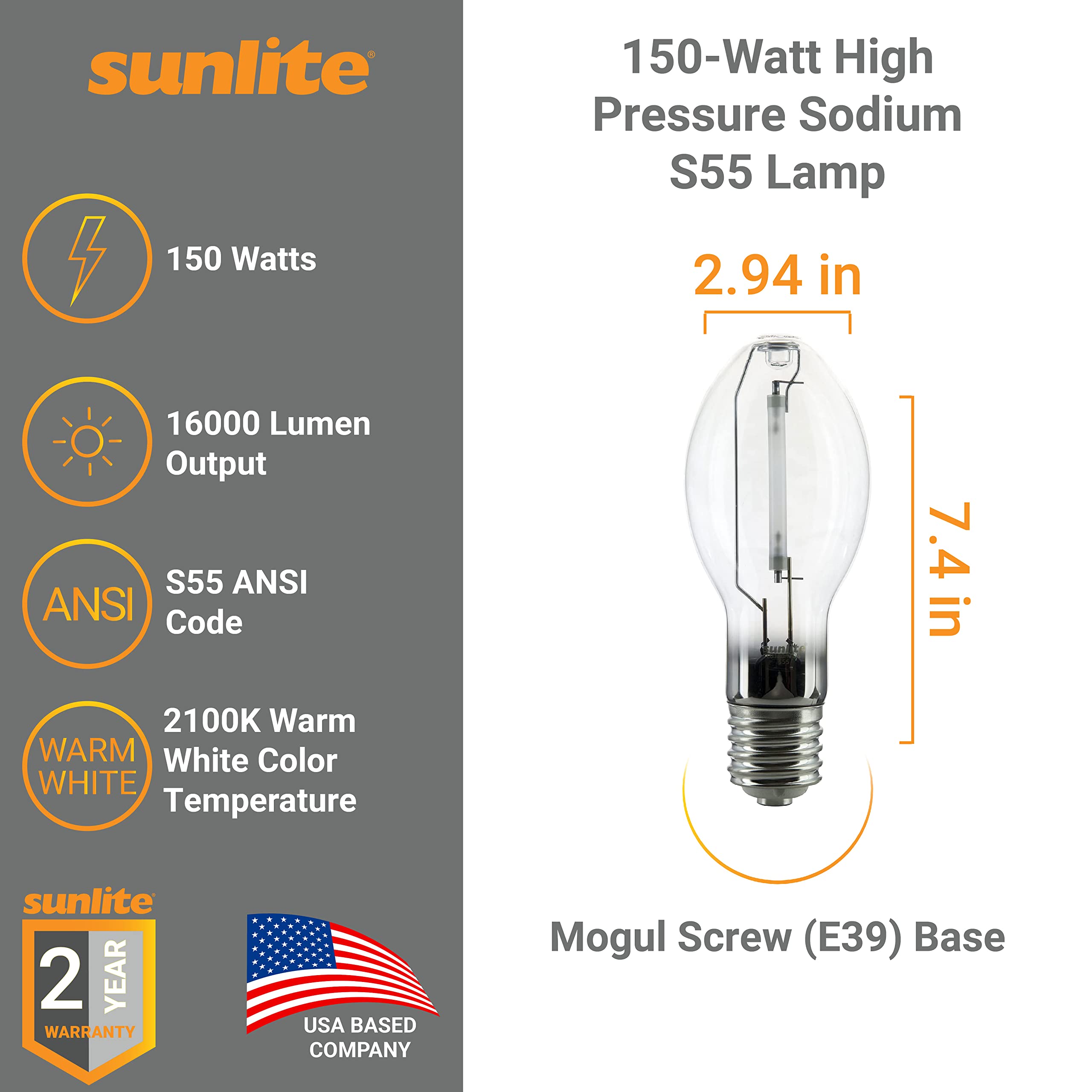 Sunlite 03635-SU LU150/MOG 150 Watt High Pressure Sodium Light Bulb, Mogul Base (E39), ANSI Code S55, 16000 Lumen, 20000 Life Hours, Clear, 2100K