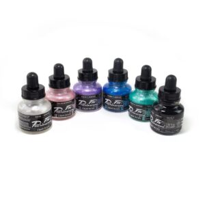 daler-rowney fw acrylic ink bottle 6-color pearlescent set - acrylic set of drawing inks for artists and students - high-quality permanent art ink calligraphy set - calligraphy ink for color mixing