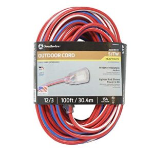 southwire 2549swusa1 100-feet; contractor grade; 12/3 extension cord; with lighted end; red white and blue; american made extension cord; indoor and outdoor use; water resistant flexible jacket