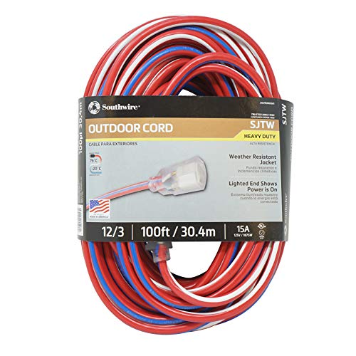 Southwire 2549SWUSA1 100-Feet; Contractor Grade; 12/3 Extension Cord; With Lighted End; Red White And Blue; American Made Extension Cord; Indoor and Outdoor Use; Water Resistant Flexible Jacket