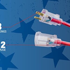 Southwire 2549SWUSA1 100-Feet; Contractor Grade; 12/3 Extension Cord; With Lighted End; Red White And Blue; American Made Extension Cord; Indoor and Outdoor Use; Water Resistant Flexible Jacket