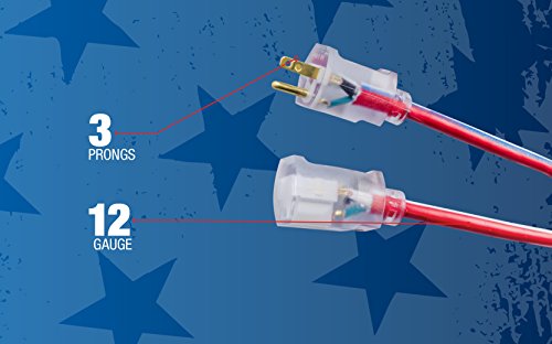 Southwire 2549SWUSA1 100-Feet; Contractor Grade; 12/3 Extension Cord; With Lighted End; Red White And Blue; American Made Extension Cord; Indoor and Outdoor Use; Water Resistant Flexible Jacket