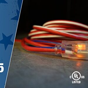 Southwire 2549SWUSA1 100-Feet; Contractor Grade; 12/3 Extension Cord; With Lighted End; Red White And Blue; American Made Extension Cord; Indoor and Outdoor Use; Water Resistant Flexible Jacket