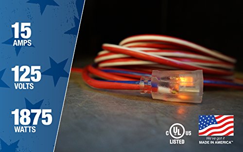 Southwire 2549SWUSA1 100-Feet; Contractor Grade; 12/3 Extension Cord; With Lighted End; Red White And Blue; American Made Extension Cord; Indoor and Outdoor Use; Water Resistant Flexible Jacket