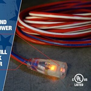 Southwire 2549SWUSA1 100-Feet; Contractor Grade; 12/3 Extension Cord; With Lighted End; Red White And Blue; American Made Extension Cord; Indoor and Outdoor Use; Water Resistant Flexible Jacket