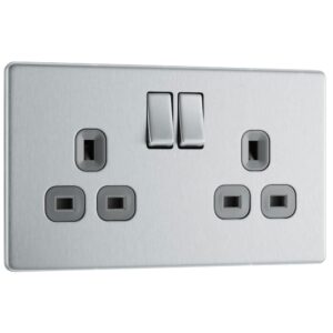 BG Electrical Double Switched Screwless Flat Plate Power Socket, Brushed Steel, 13 Amp