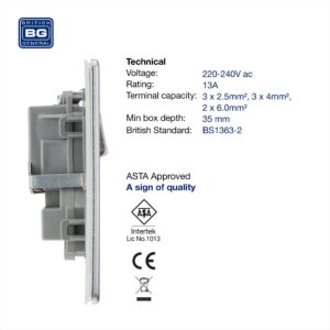 BG Electrical Double Switched Screwless Flat Plate Power Socket, Brushed Steel, 13 Amp