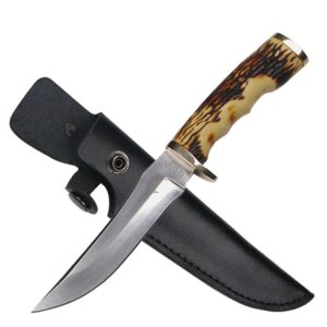 elk ridge - outdoors fixed blade knife - 4.5-in satin finish stainless steel persian blade, jig bone handle and genuine leather sheath - hunting, camping, survival - er-027