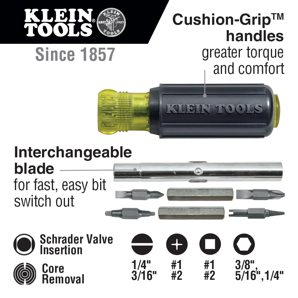 Klein Tools 32527 Multi-Bit Screwdriver / Nut Driver, 11-in-1 with Phillips, Slotted, Square, and Schrader Bits and Nut Drivers