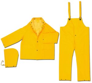 mcr safety 2403x2 classic plus pvc/polyester 3-piece corduroy collar rain suit with detachable hood and bibpant, yellow, 2x-large