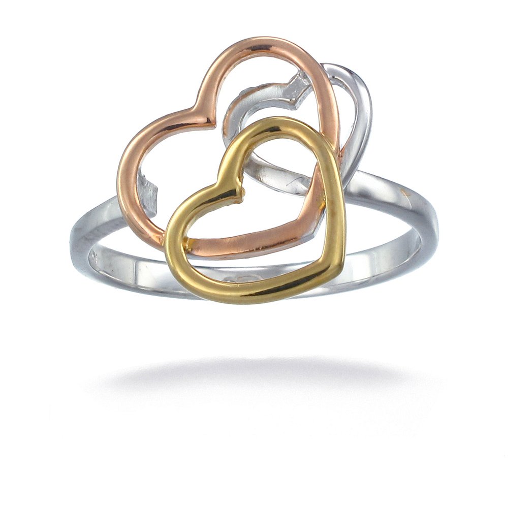 VIR JEWELS Fashion Heart Ring 3 Hearts Trio Color Pink and Rose Gold Plated Sterling Silver Size 9