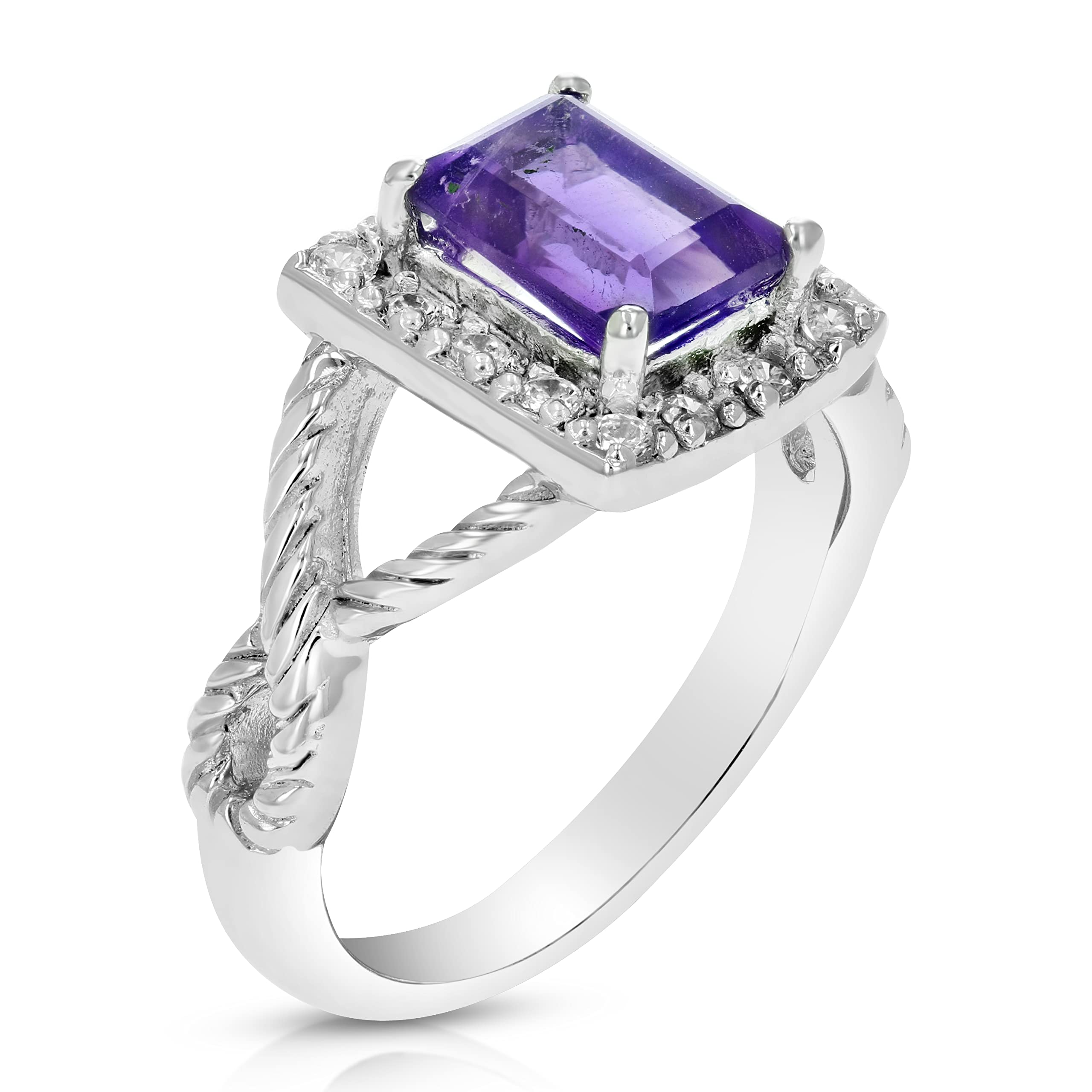 VIR JEWELS 1/2 cttw Purple Amethyst Ring .925 Sterling Silver with Rhodium Emerald 7x5 MM Size 5