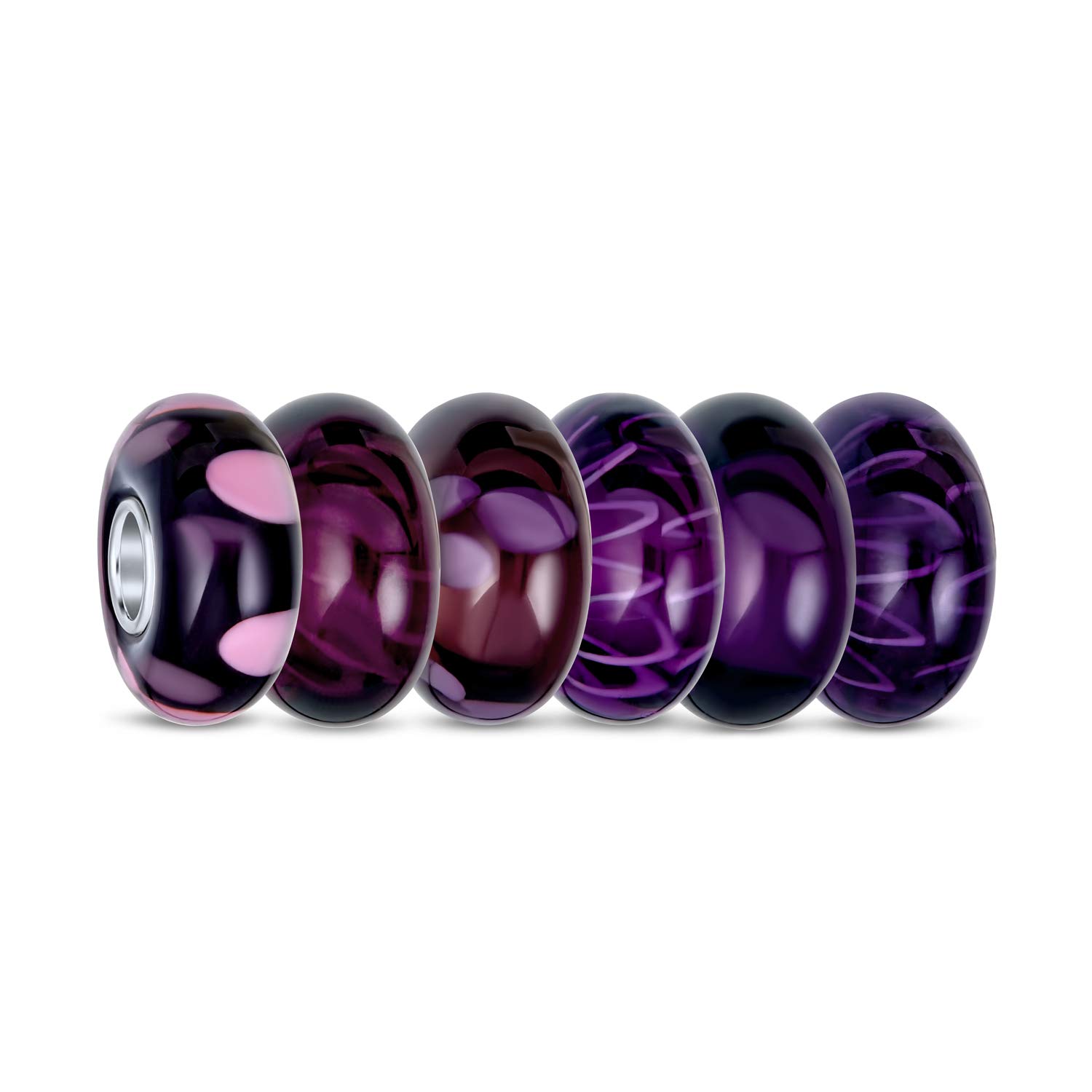 Bling Jewelry Violet Lavender Purple Burgundy Murano Glass Set Of 6 Pieces .925 Sterling Silver Core Spacer Charm Bead Bundle Fits European Style Bracelet For Women For Teen