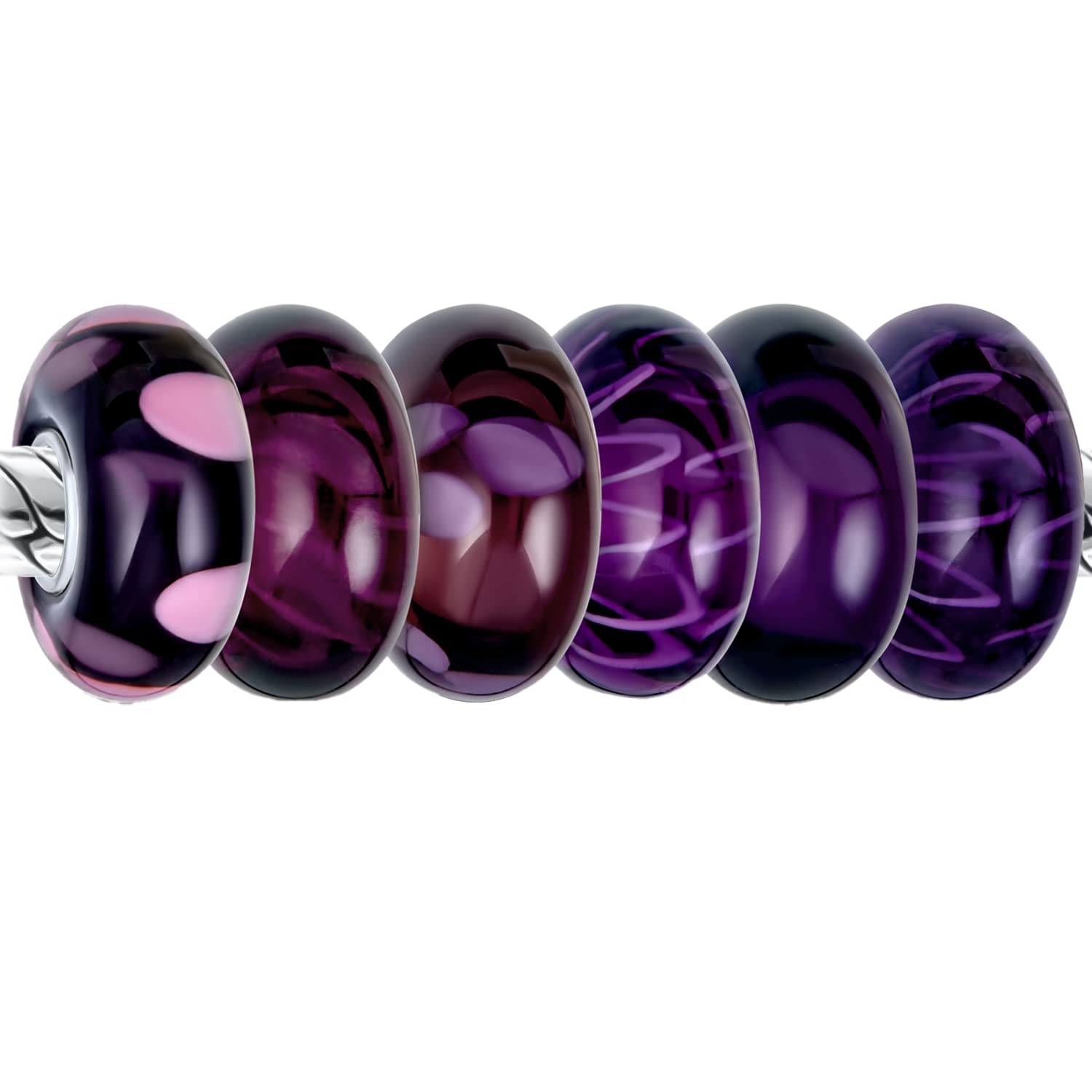 Bling Jewelry Violet Lavender Purple Burgundy Murano Glass Set Of 6 Pieces .925 Sterling Silver Core Spacer Charm Bead Bundle Fits European Style Bracelet For Women For Teen