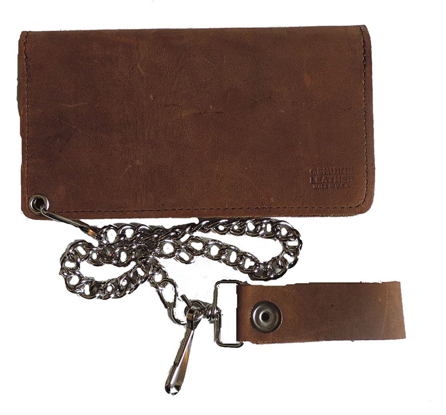 Leather Biker Billfold Chain 8 inch Wallet Natural Tan Brown Distressed Leather Made in USA