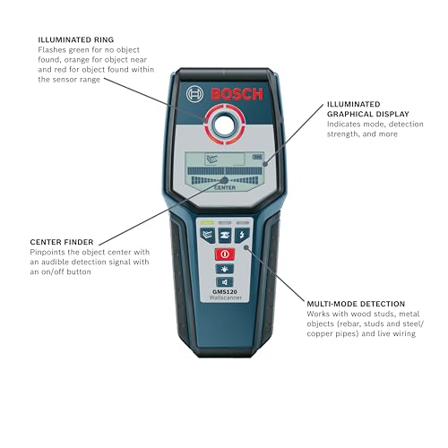 BOSCH GMS 120 Wall Scanner with Modes for Wood, Metal, and Live Wiring, Includes 9V Battery, Hand Strap, & Pouch