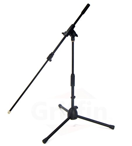 Short Microphone Stand with Boom Arm by GRIFFIN | Low Profile Tripod Mic Stand Mount for Kick Bass Drum, Studio Desktop Recording, Singing, & Guitar Amplifiers | Small Height Telescoping Boom Holder