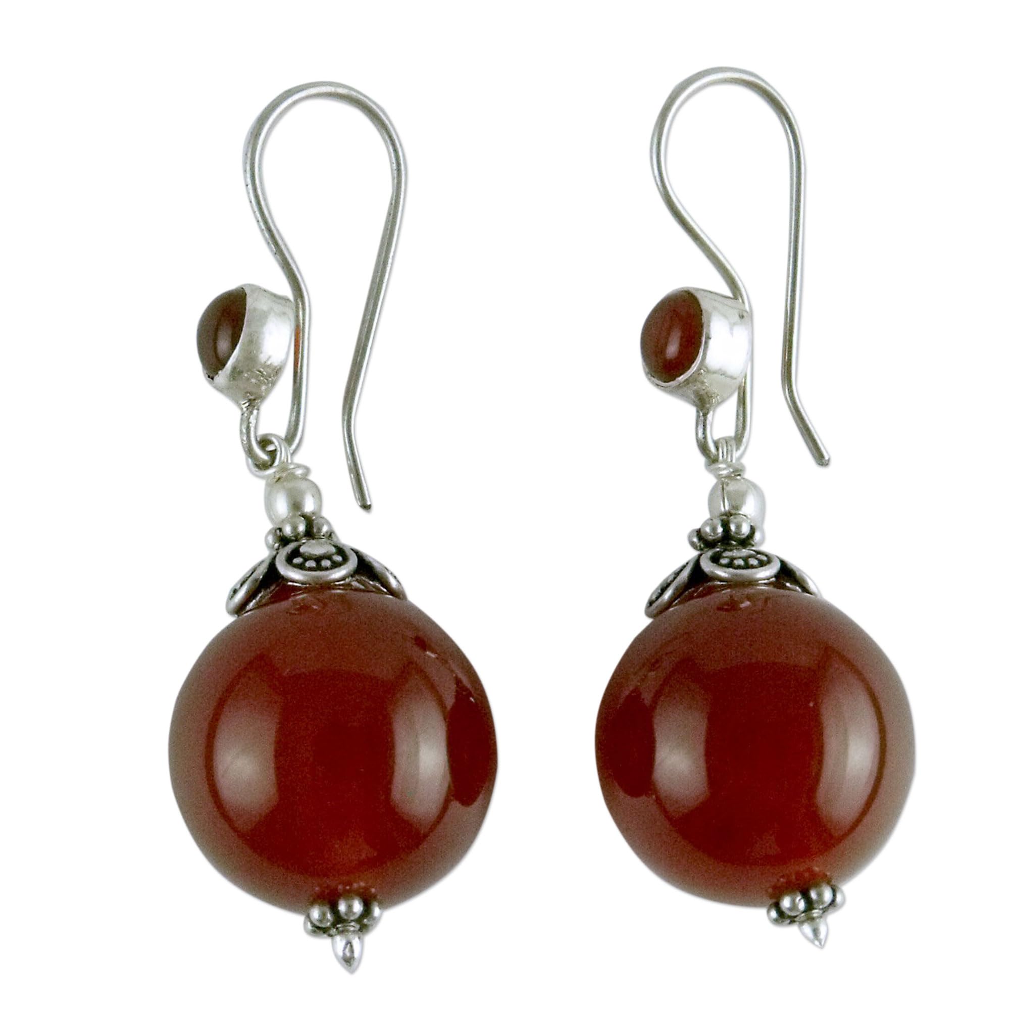 NOVICA Artisan Handmade Carnelian Dangle Earrings Sterling Silver Red India Birthstone [1.8 in L x 0.6 in W x 0.6 in D] ' Gujurati Ode'