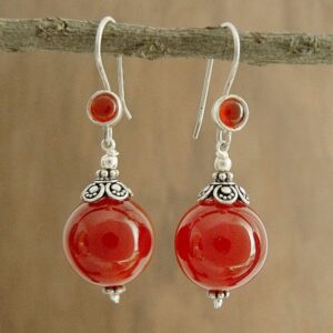 NOVICA Artisan Handmade Carnelian Dangle Earrings Sterling Silver Red India Birthstone [1.8 in L x 0.6 in W x 0.6 in D] ' Gujurati Ode'