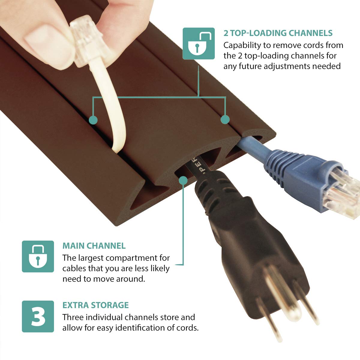 5-Feet Cord Protector with 3-Channels for Floor, Brown