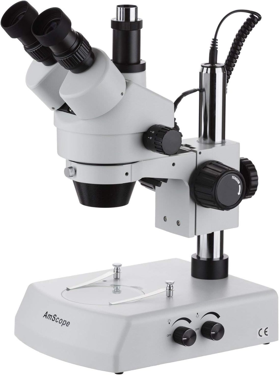 AmScope SM-2TZZ Professional Trinocular Stereo Zoom Microscope, WH10x and WH20x Eyepieces, 3.5X-180X Magnification, 0.7X-4.5X Zoom Objective, Upper and Lower Halogen Lighting, Pillar Stand, 110V-120V, Includes 0.5X and 2.0X Barlow Lenses