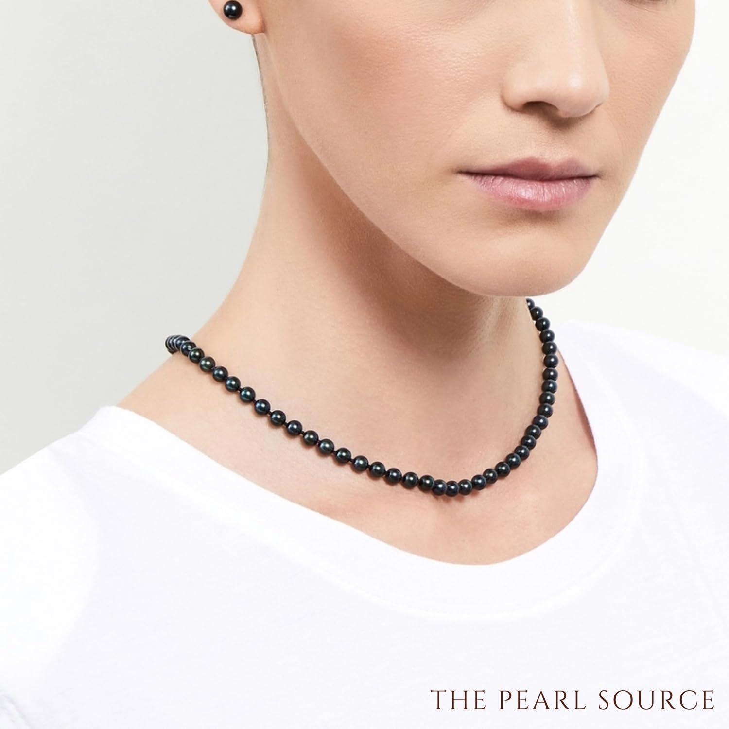 The Pearl Source 14K Gold 5.0-5.5mm Round Genuine Black Japanese Akoya Saltwater Cultured Pearl Necklace in 18" Princess Length for Women