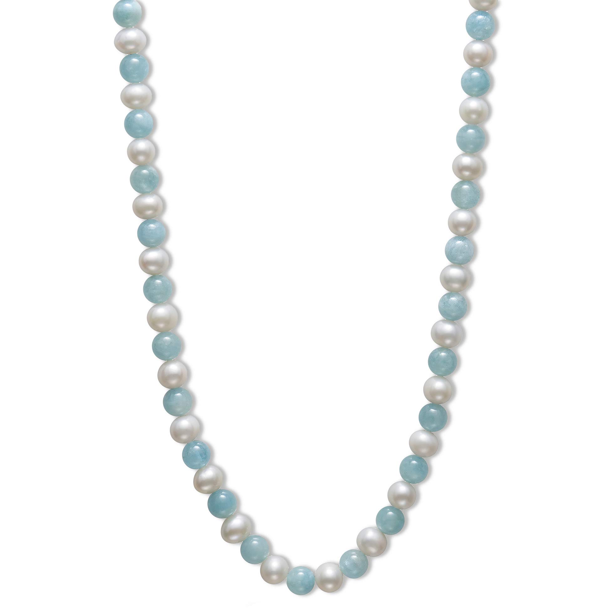 Sterling Silver Cultured Freshwater Pearl and Natural Aquamarine Gemstone Strand Necklace, 18"