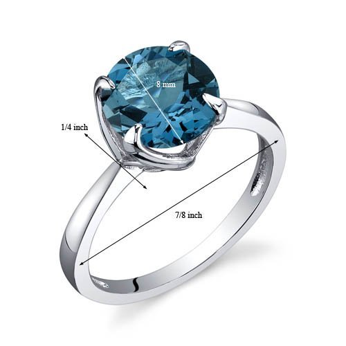 PEORA London Blue Topaz Elegant Solitaire Ring for Women 925 Sterling Silver, Natural Gemstone, 2.25 Carats Round Shape 8mm, Size 9