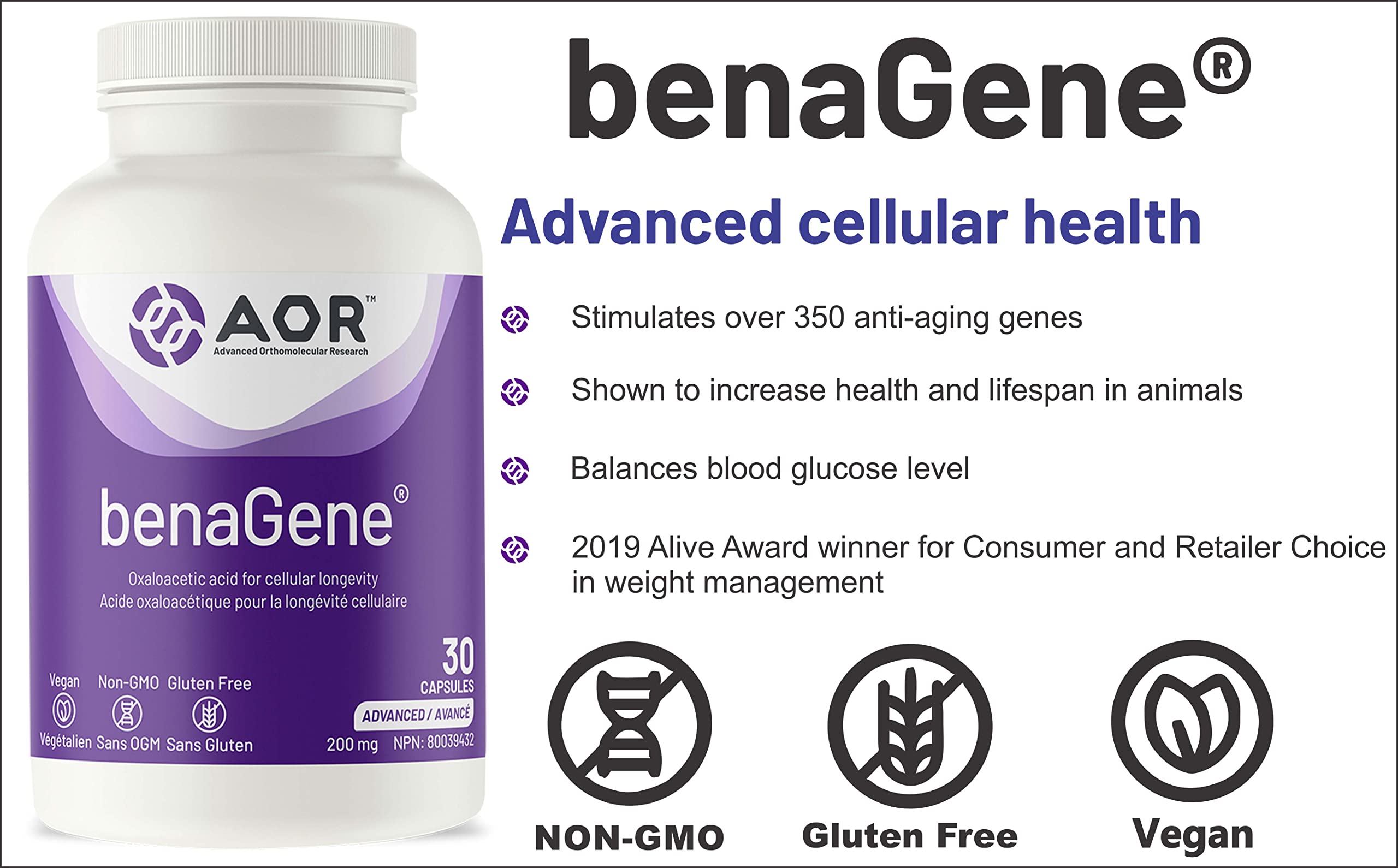 AOR, benaGene, Supports Healthy Aging, Energy and Longevity, Dietary Supplement, 30 servings (30 capsules)