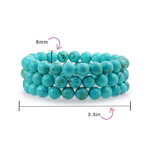 Bling Jewelry Simple Plain Set Of 3 Stabilized Turquoise 8MM Ball Bead Stones Stackable Strands Stretch Bracelet For Women For Teen