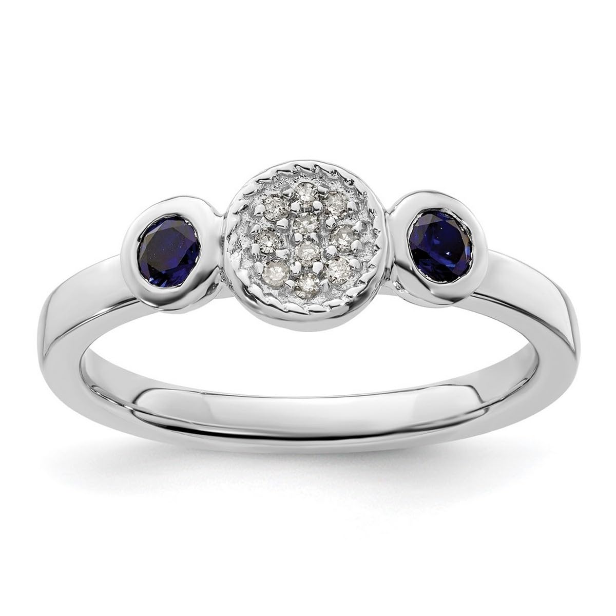 925 Sterling Silver Bezel Polished Prong set Stackable Expressions Db Round Created Sapphire and Dia. Ring Size 8 Jewelry for Women