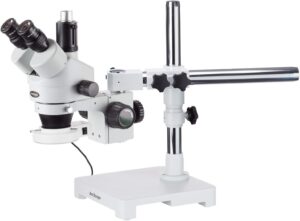 amscope sm-3tz-54s professional trinocular stereo zoom microscope, wh10x eyepieces, 3.5x-90x magnification, 0.7x-4.5x zoom objective, 54-bulb led light, single-arm boom stand, 110v-240v, includes 0.5x and 2.0x barlow lenses