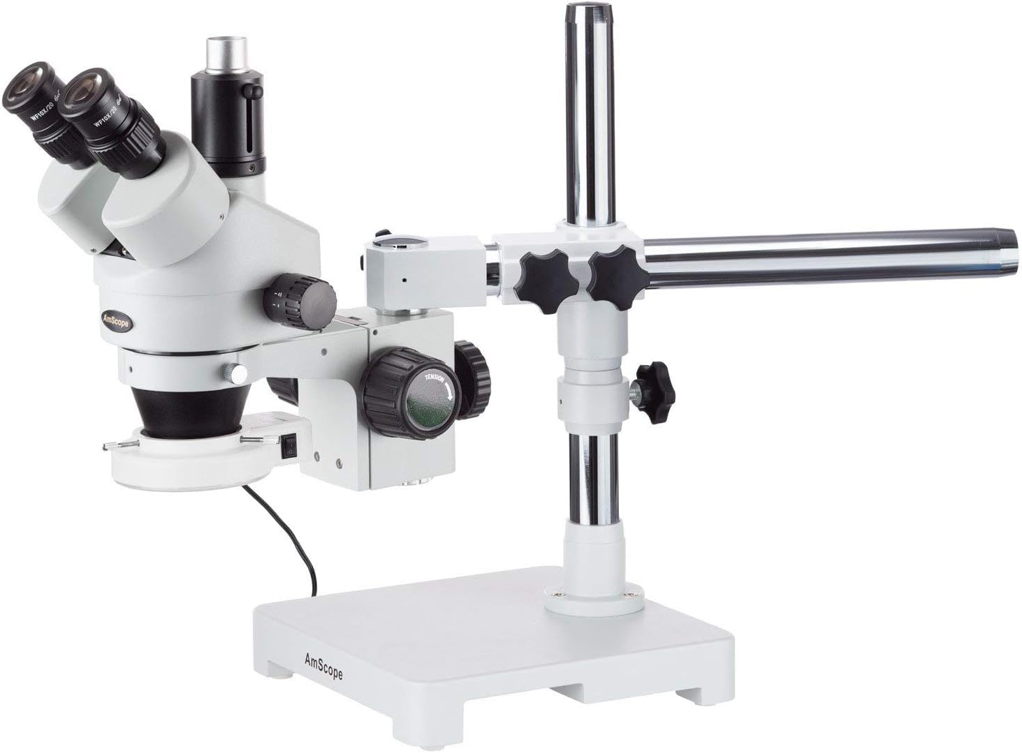 AmScope SM-3TZ-54S Professional Trinocular Stereo Zoom Microscope, WH10x Eyepieces, 3.5X-90X Magnification, 0.7X-4.5X Zoom Objective, 54-Bulb LED Light, Single-Arm Boom Stand, 110V-240V, Includes 0.5X and 2.0X Barlow Lenses