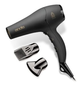 andis 80480 1875-watt tourmaline ceramic ionic salon hair dryer with diffuser, fast dry low noise blow dryer, travel hairdryer for normal & curly hair, soft grip, black