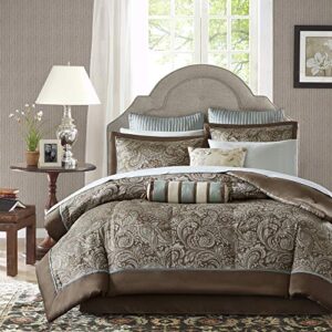 Madison Park Aubrey Cozy Comforter Set, Faux Silk Jacquard Paisley Design - All Season Down Alternative Bedding with Cotton Bed Sheets, Bed Skirt & Toss Pillows, Queen Blue 12 Piece