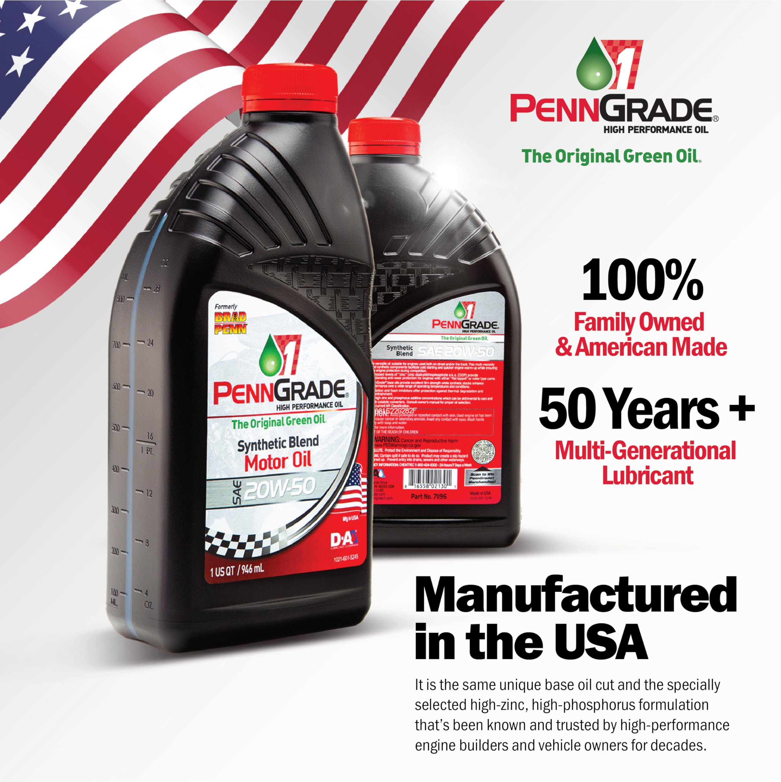 PENN GRADE 1, 71196, Synthetic Blend High Performance Oil SAE 20W-50, 1 Quart (12 Pack)