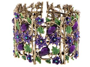 alilang antique hollow vintage floral topaz crystal rhinestone flower garden bracelet bangle cuff, purple amethyst flowers