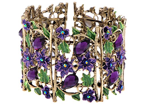 Alilang Antique Hollow Vintage Floral Topaz Crystal Rhinestone Flower Garden Bracelet Bangle Cuff, Purple Amethyst Flowers