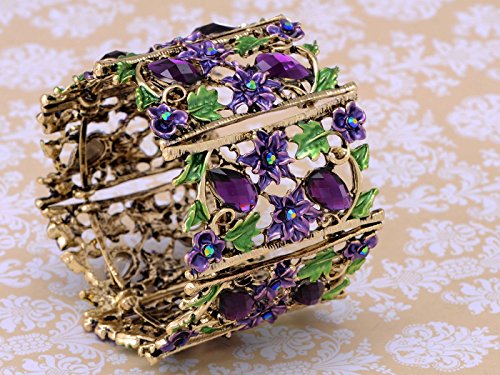 Alilang Antique Hollow Vintage Floral Topaz Crystal Rhinestone Flower Garden Bracelet Bangle Cuff, Purple Amethyst Flowers