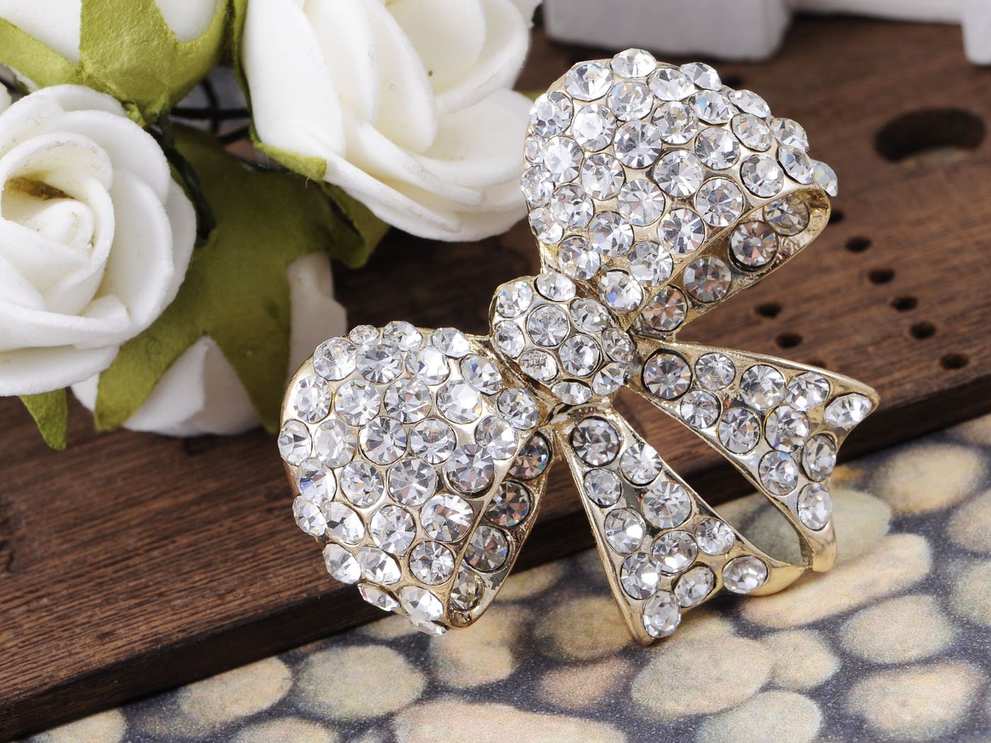 Alilang Golden Tone Shine Clear Crystal Rhinestones Bow Knot Statement Adjustable Ring