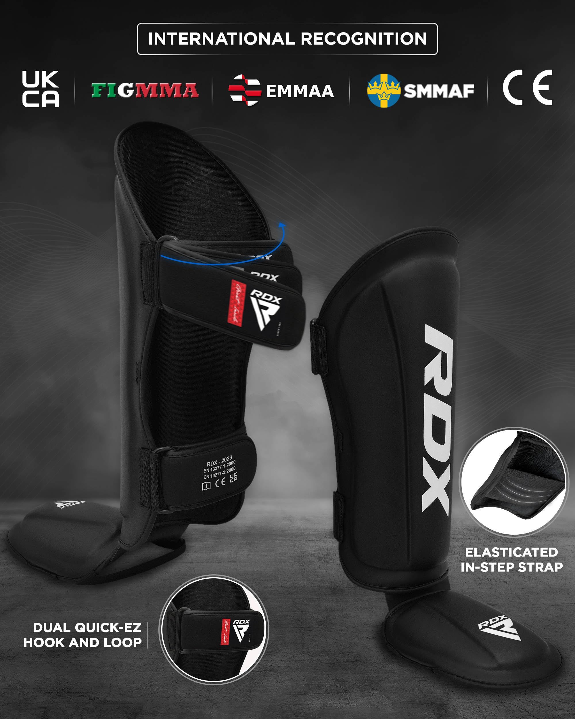 RDX Shin Guards Kickboxing Muay Thai, SATRA SMMAF Approved, Premium Maya Hide Leather, Leg Instep Protection Pads, MMA Martial Arts Kicking Sparring Training Gear, BJJ Karate Boxing Taekwondo, Black