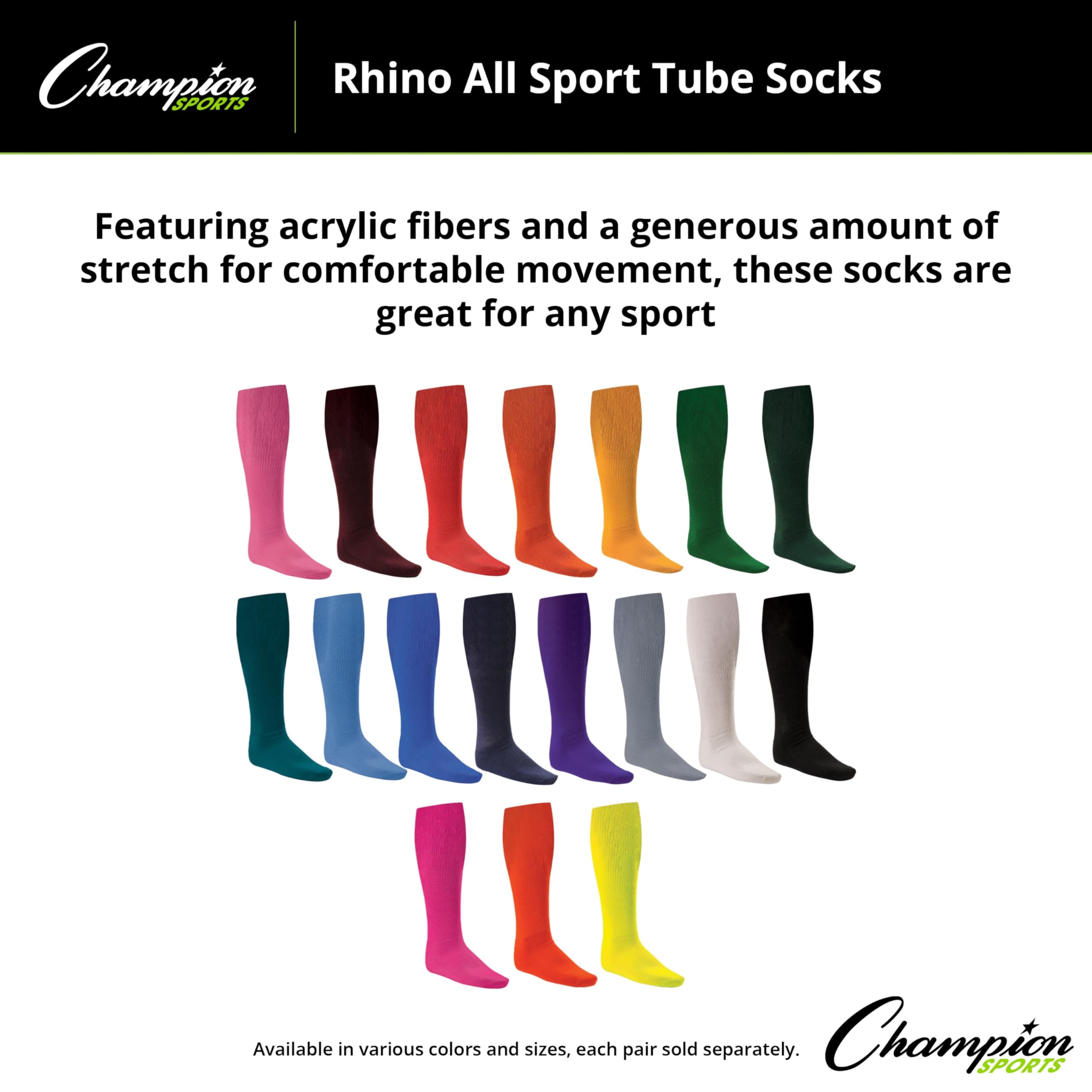 Champion Sports Rhino® All Sport Socks - Machine Washable Sport Sock - for Baseball, Football, Soccer - Cushioned Tube Sock - Stay-in-Place Fit - Size L/10-13 - Purple