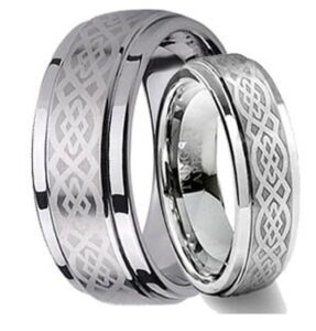 birsppy his & her's 8mm/6mm tungsten carbide wedding band ring set laser etched celtic design