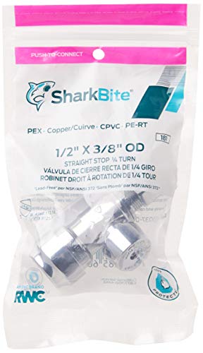 SharkBite 1/2 x 3/8 Inch Compression Straight Stop Valve, Quarter Turn, Push to Connect Brass Plumbing Fitting, PEX Pipe, Copper, CPVC, PE-RT, HDPE, 23037-0000LF