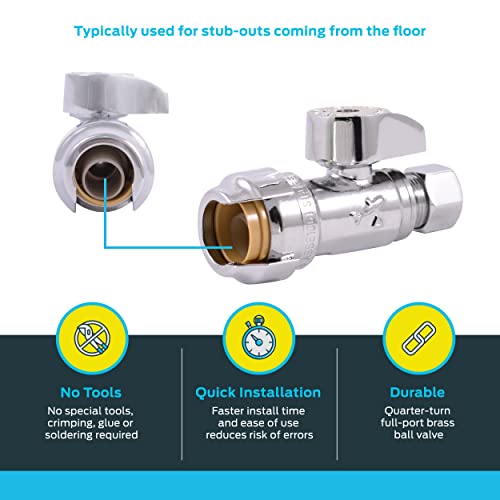 SharkBite 1/2 x 3/8 Inch Compression Straight Stop Valve, Quarter Turn, Push to Connect Brass Plumbing Fitting, PEX Pipe, Copper, CPVC, PE-RT, HDPE, 23037-0000LF